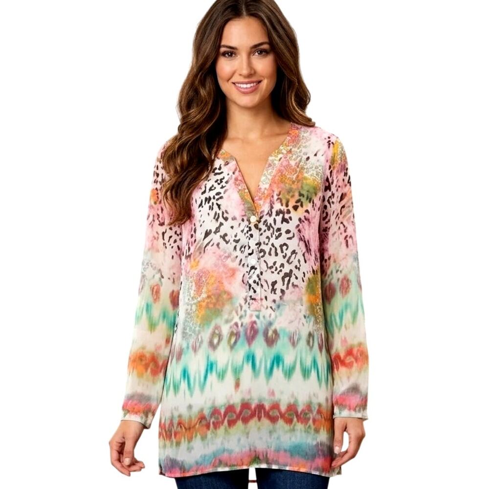 Mushka by Sienna Rose Peasant Blouse Womens Medium Sheer Mixed Print Boho Top